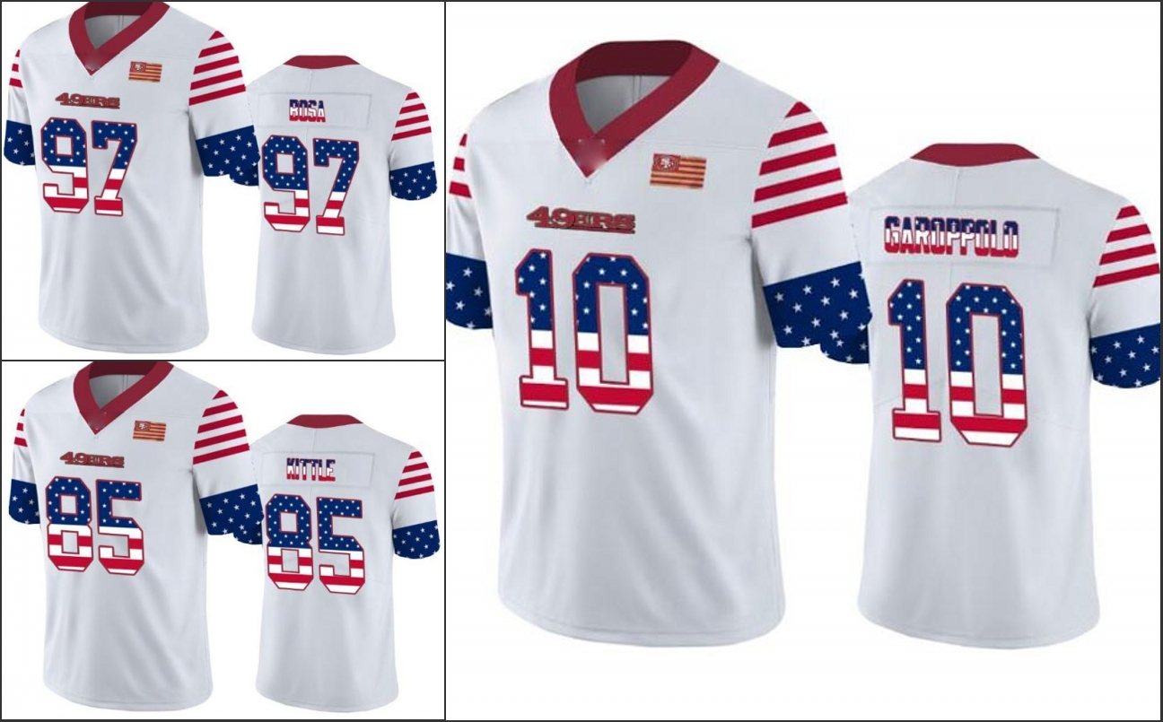 

Jersey San Francisco''49ers''Men #10 Jimmy Garoppolo 85 George Kittle 97 Nick Bosa''NFL''Women Youth USA Flag Limited Jersey