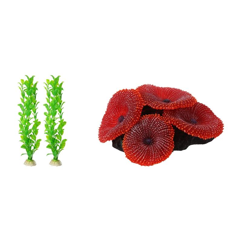 

Decorations 3 Pcs Aquarium Accessories: 2 Green Plastic Plant 12.2 Inch & 1 Coral Sea Ornament Red