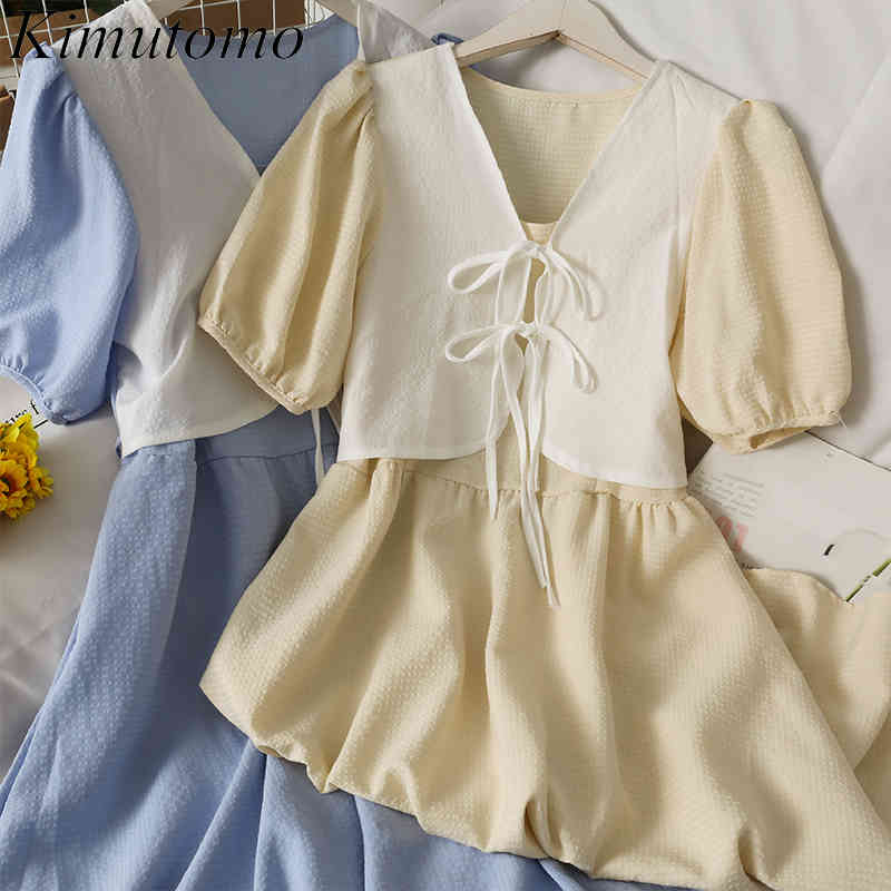 

Kimutomo Fake 2 Piece Lace Up Dress Women Puff Short Sleeve Female Summer Contrast Stitching Slim Solid Color Vestidos Casual 210521, White