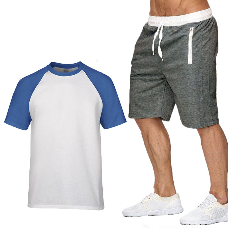 

2021 New Mens Short sleeve Solid color Summer Mens T-Shirt Harajuku Colorblock high quality Cotton Men T-shirt+pants suit 2pcs Y0108, Gray