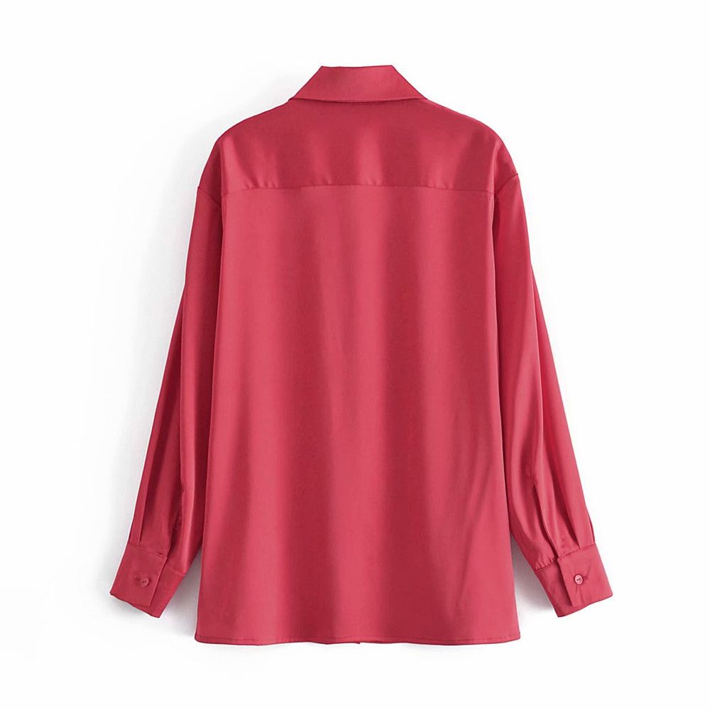 

Women' Blouses & Shirts Short-colored solid women satin shirts long sleeves office lady chemisier femme tops, Red.