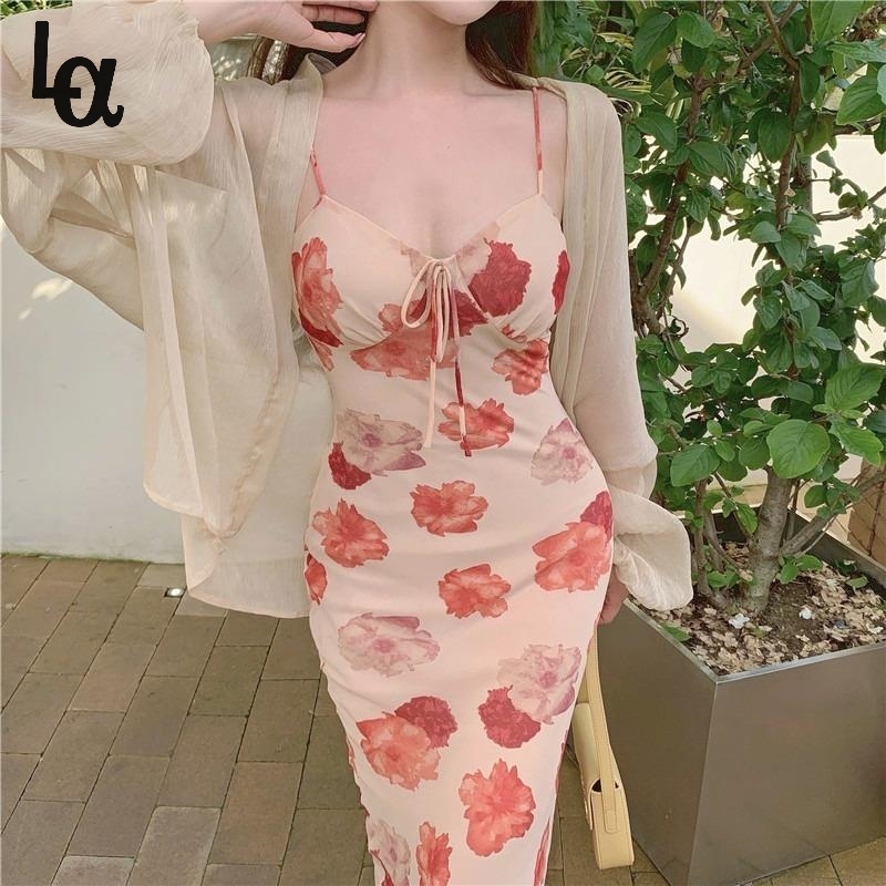 

French Vintage Strap Dress Women Sweet Elegant Sleeveless Sexy Floral Casual V-neck Beach Party Summer 210519, Cardigan