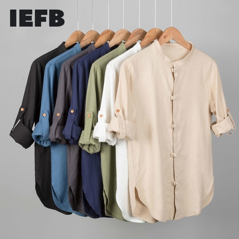 

IEFB Chinese Style Cotton Hemp Large Size Shirt Men's Casual Blouse Long Sleeve Stand Collar Coil Button Men's Blouse 9Y6024 210524, Creamy-white