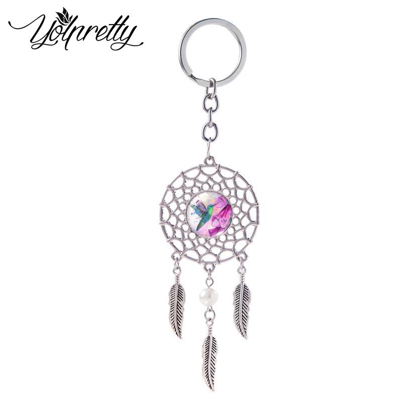 

Keychains 2021 Fashion Hummingbird With Flowers Paintied Oil Paintings Glass Dome Handmade Jewelry Dream Catcher Keyring
