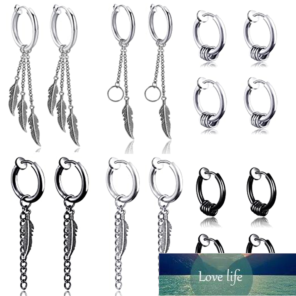 

4 Style Clip On Earrings for Men Non Piercing Kpop Feather Dangling Fake Stainless Steel Huggie Hoop