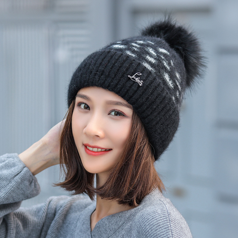

Cold Protection in Winter Knitted Hat Womens Fur Ball Woolen Cap Korean Style Thick Rabbit Ear Leopard Print Thin Cap, Red