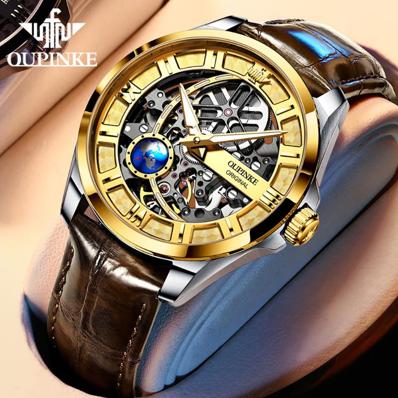 

Wristwatches OUPINKE Top Luxury Skeleton Design Automatic Mechanical Watches For Men Leather Strap Sapphire Mirror Sport Male Wristwatch 326