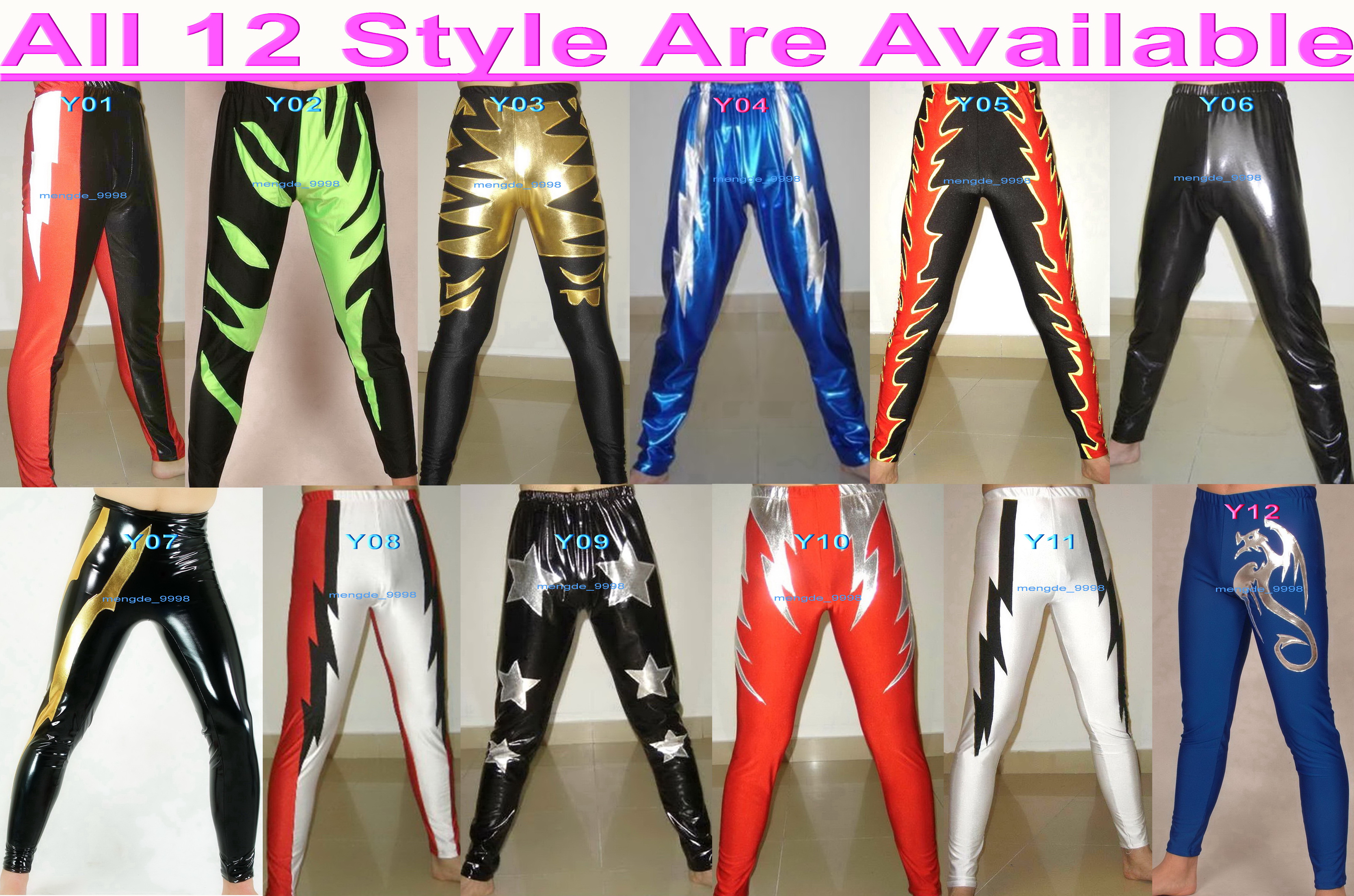 12 Style Shiny Lycra Metallic Costumes Unisex Wrestling Tights/Pants Sexy Women Men Trousers Halloween Party Fancy Dress Cosplay Costume M825-image-706624266