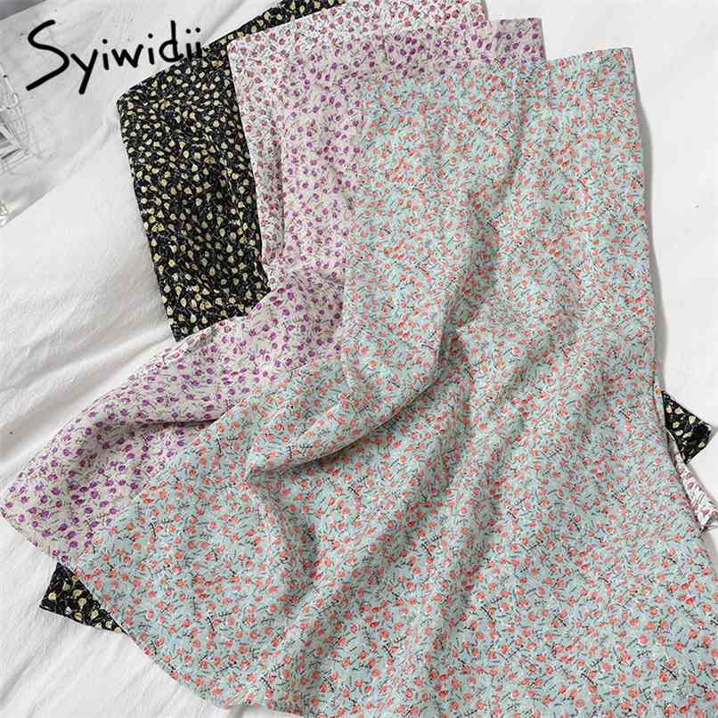 

Floral Print Chiffon Skirt for Women Black Elastic High Waist Spring Summer Purple Green Pink Boho Midi Skirts 210607, Black leopard