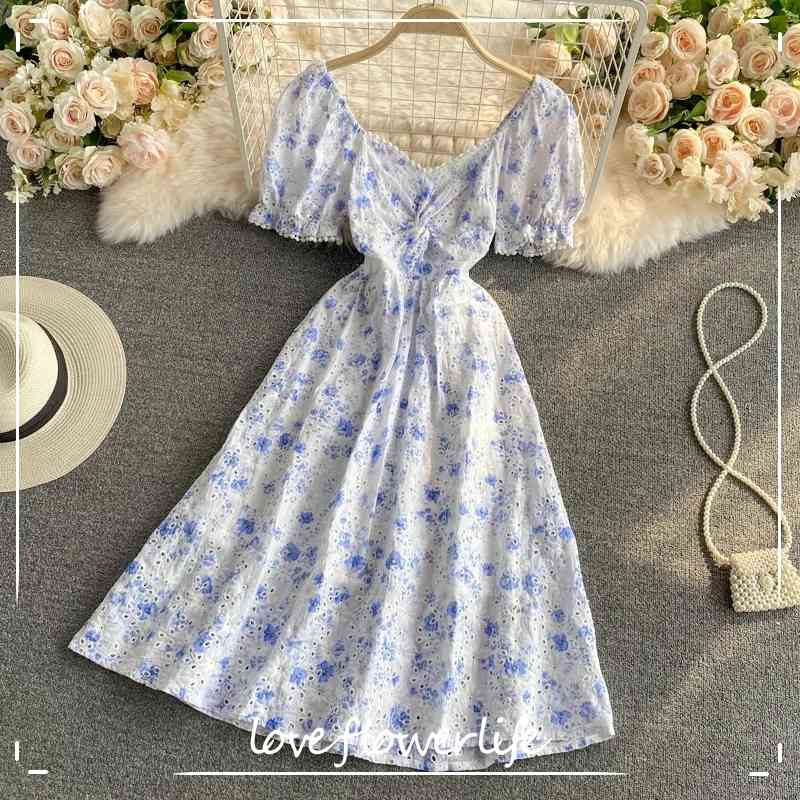 

LoveFlowerLife Summer Vintage Floral Print Short Dress A Line V Neck Puff Sleeve High Waist Mid-Calf Women Dresses 210521, White