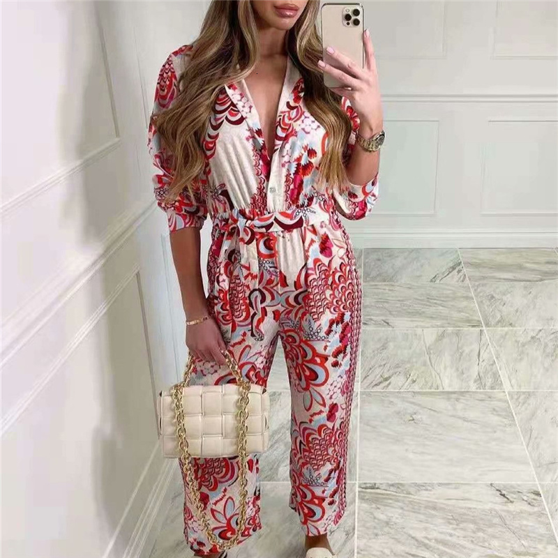 Women&#039;s Jumpsuits & Rompers Vintage Woman Red Print Sashes 2021 Spring Casual Female High Waisted Jumpsuit Ladies Floral Beach IFA-image-705813795