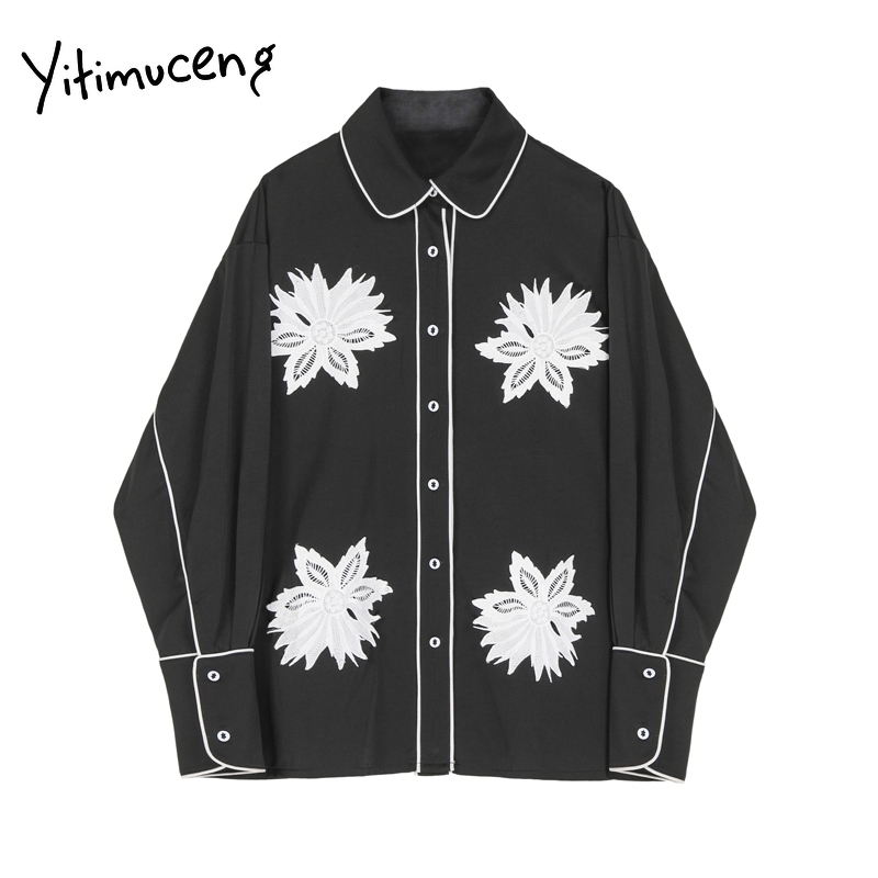 

Yitimuceng Black Lace Floral Blouse Women Long Sleeve Button Up Shirts Straight Spring Korean Fashion Turn-down Collar Tops 210601