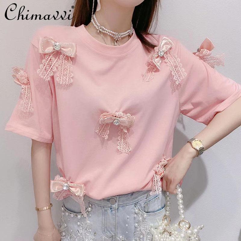 

Women's T-Shirt 2021 Summer Sweet Beaded Rhinestone Bow Lace Tassel Top Women Short Sleeve Round Collar Cotton Soft, Pink