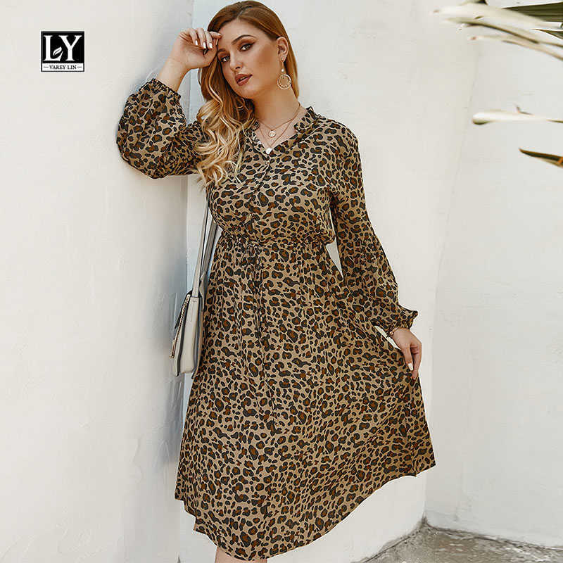 

LY VAREY LIN Summer Autumn Plus Size Leopard Dress Single Breasted Stand Collar Elastic Waist Sashes Tie Up Slim 210526