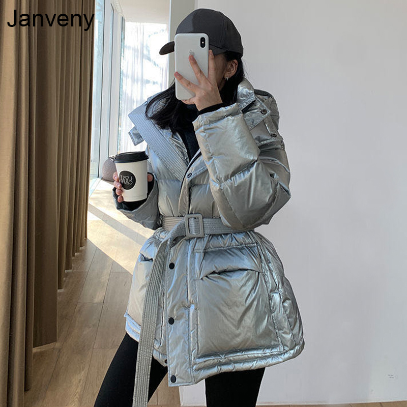 

Janveny Glossy Shiny Down Jaet Women 2021 Winter 90% White Du Down Coat Female Puffer Parkas Hooded Waterproof Snow Outwear, Champagne