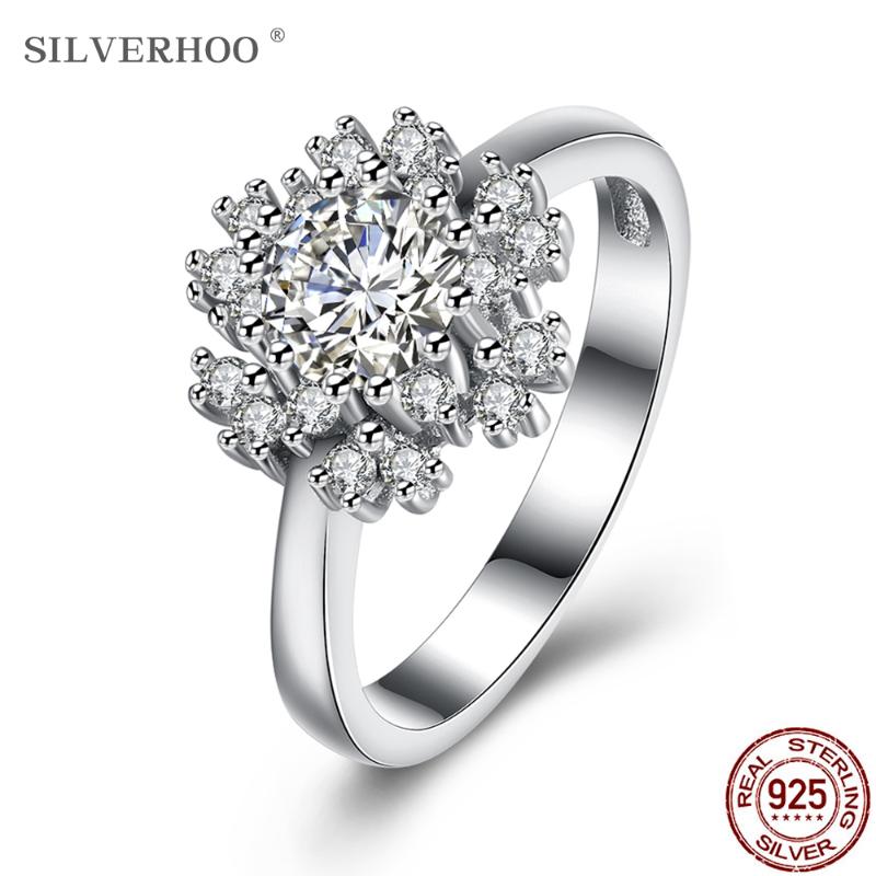 

Cluster Rings SILVERHOO 925 Sterling Silver Twinkle Flower Shape Female Ring Cubic Zirconia Fine Jewelry Wedding Gift For Her On Sale, Golden;silver