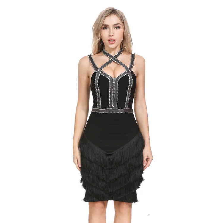 

Casual Dresses Heavy industry hanging neck nail bead party dress bandage sexy nightclub tassel banquet annual meeting H4YO, Black