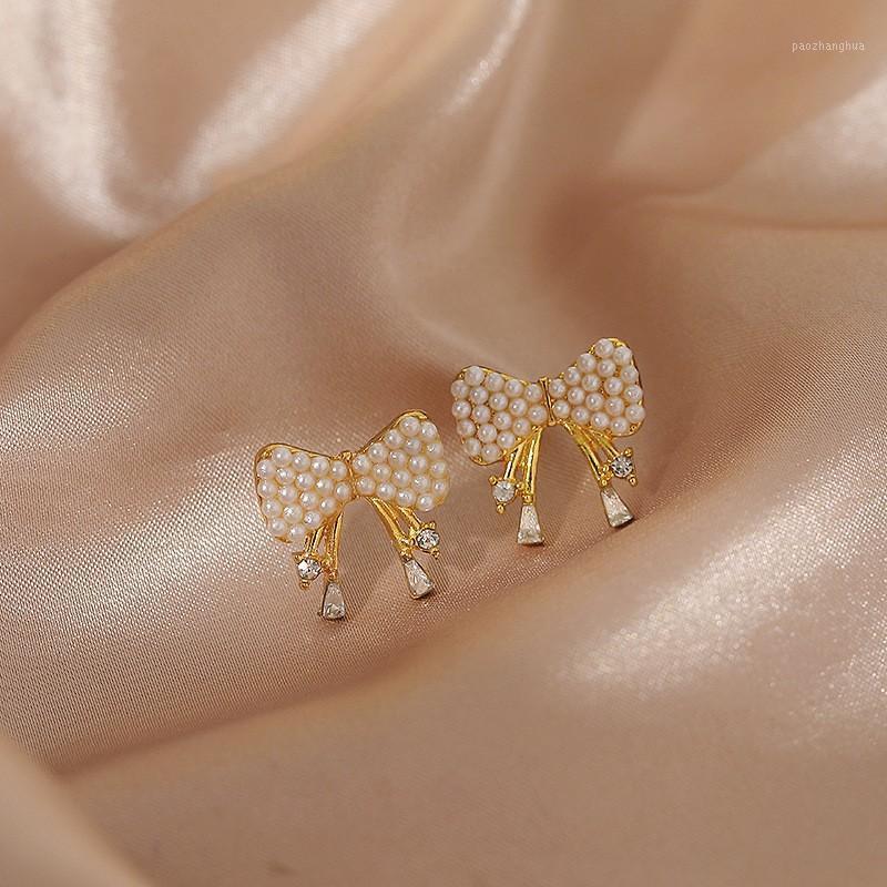 

Stud 2022 Fashion Sweet Pearl Bowknot Modelling Joker Earrings Contracted Fresh Small Lovely Trend Women Earring Temperament, Golden;silver
