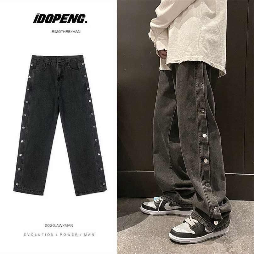 

Spring summer high street breasted jeans men women vintage straight pants Korean trend hip hop wide-legged daddy 211108, Black