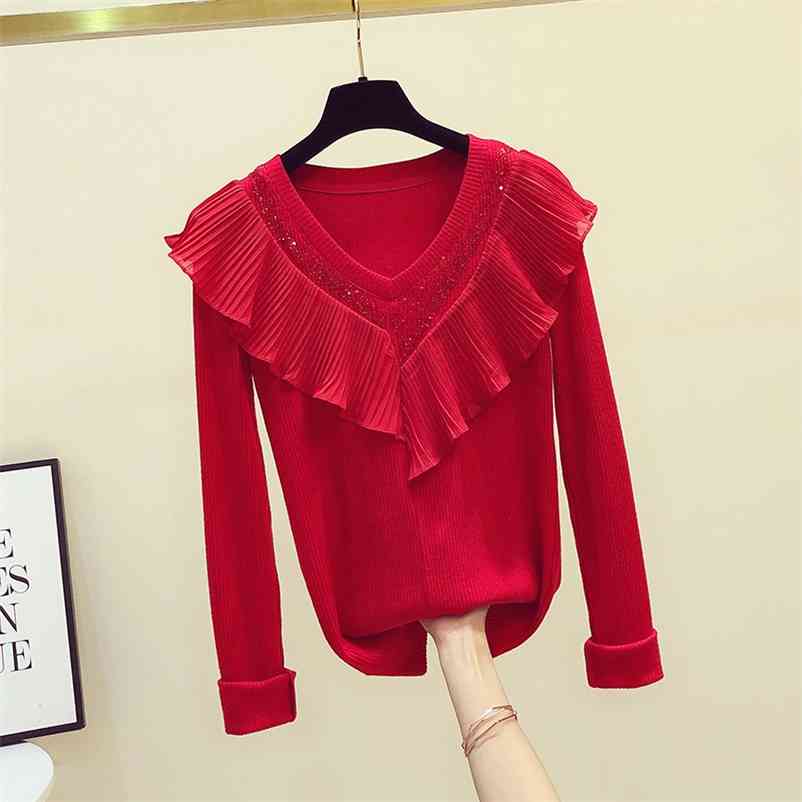 

Luxury Design Women's V Neck Long Sleeves Ruffles T-Shirt Autumn Female Pullover Casual Tops Tees A3886 210519, Blue