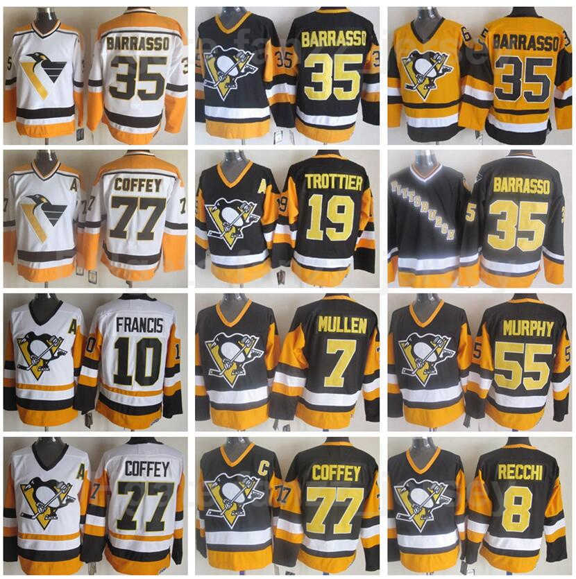 

Vintage Pittsburgh Penguins Retro Hockey 35 Tom Barrasso Jersey 77 Paul Coffey 19 Bryan Trottier 8 Mark Recchi 7 Joe Mullen Ron Francis, Black;red