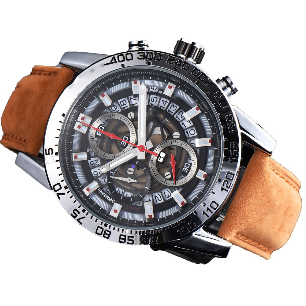 

Men's Fashion Watches Hollow Wristwatches Quartz Movement Leather Strap Chronograph Watch carrera