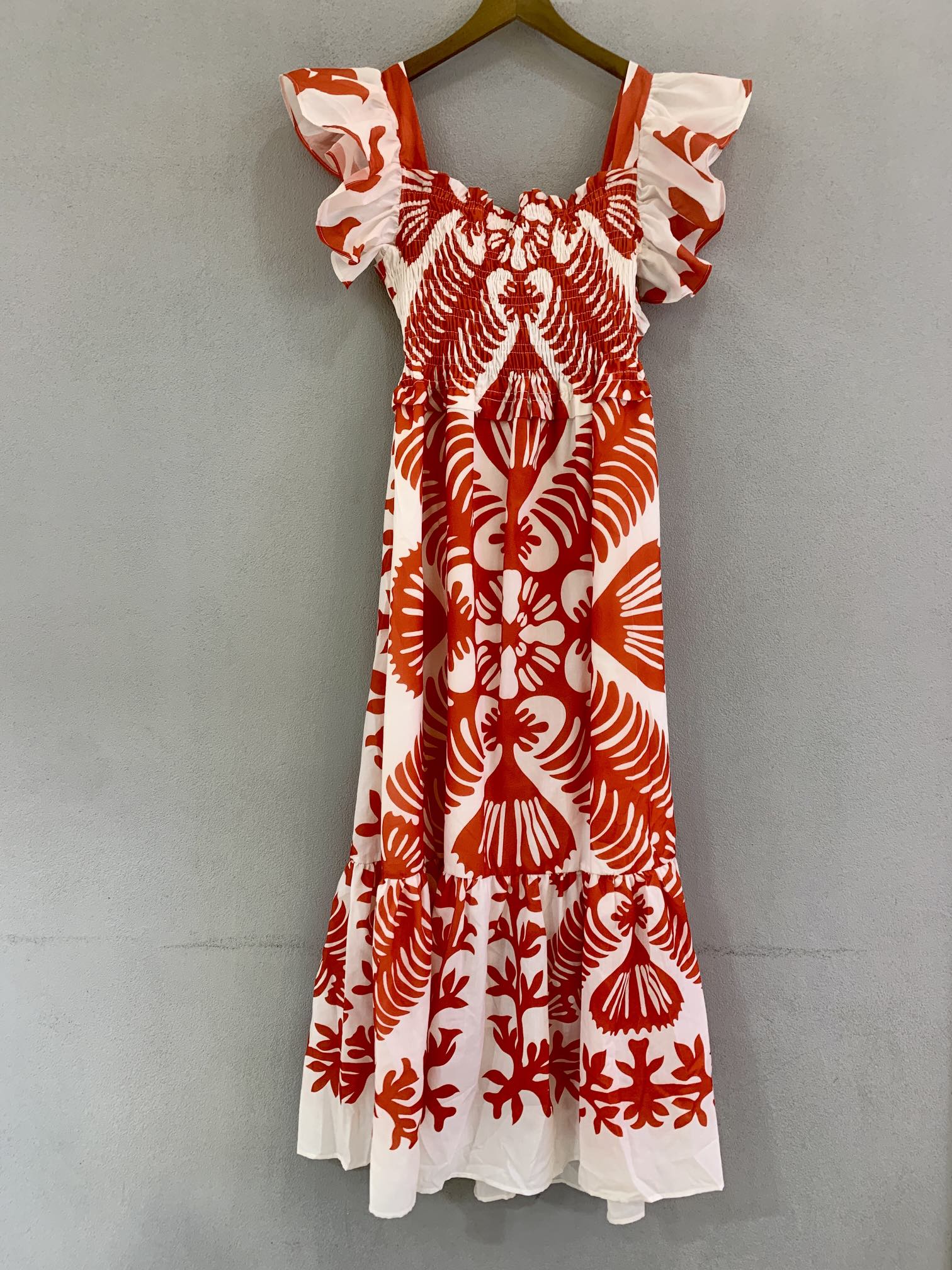 

2021 summer fashion print fly sleeve square neck long swing dress, Red