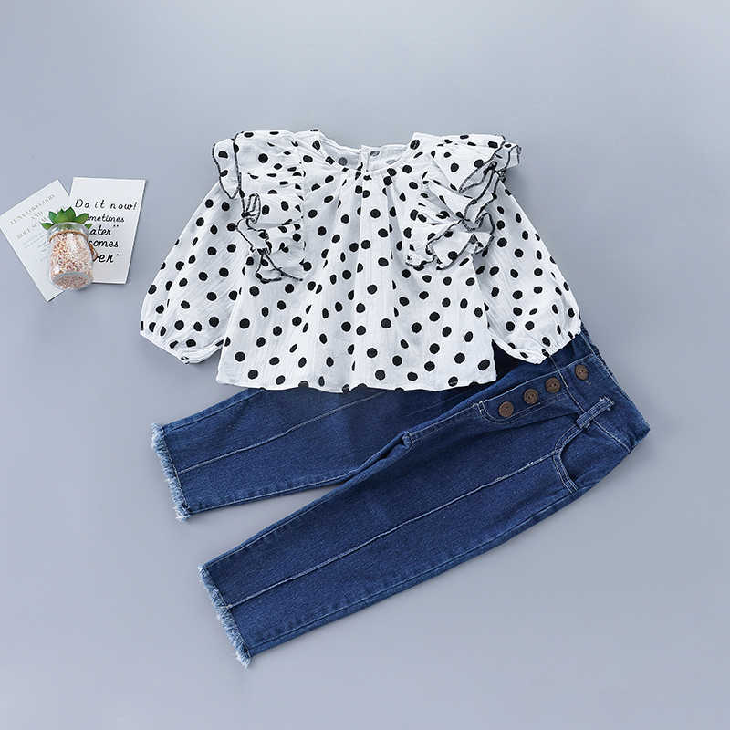 

2-7 years high quality girl clothing set autumn fashion polka dot solid shirt + denim pant kid children 210615, White