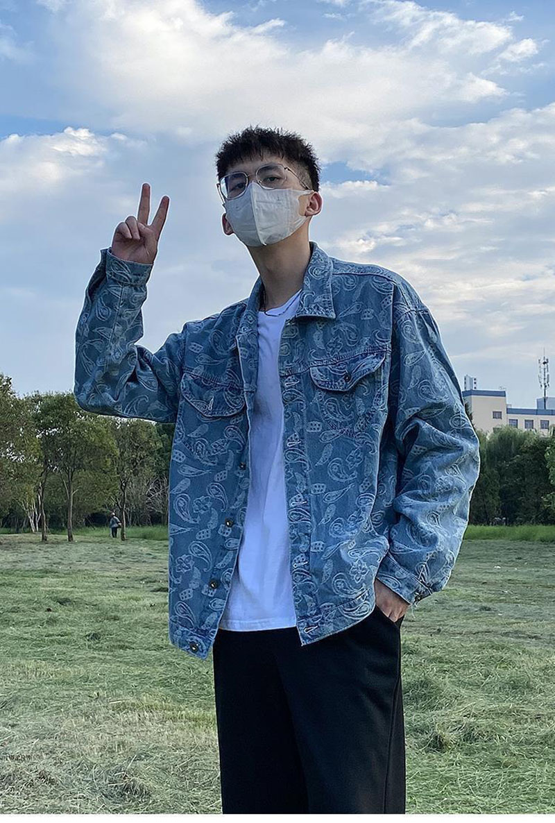 

Men's retro denim jacket, designer unique print design, black blue jackets, women's Harajuku style top, hip-hop style, loose and comfortable