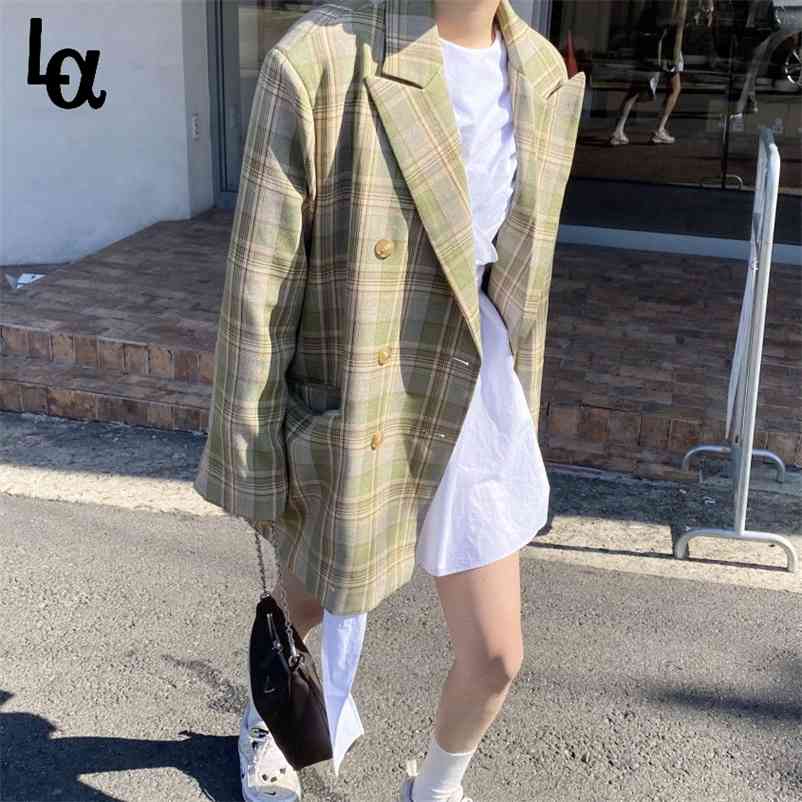 

Women Spring Autumn Double Breasted Blazer Jacket Vintage Loose Female Pockets s Casual Street Lady Outwears 210519, Green