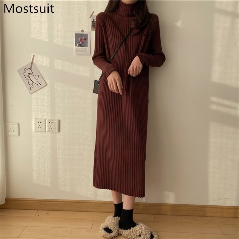 

Thick Knitted Women Sweater Dress Full Sleeve Turtleneck Straight Long Dresses Solid Casual Fashion Female Vestidos Femme 210518, Wine red