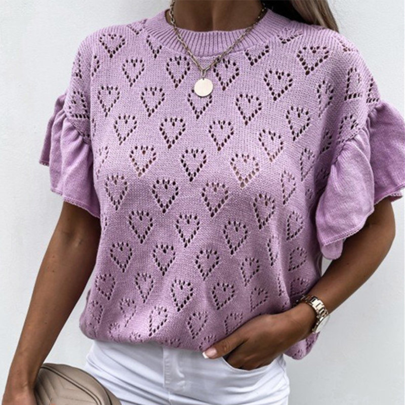

Women' Knit Tshirt Heart Hollow Out Solid Ladies Tshirts Short Ruffles Patal Sleeve Loose Elegant Spring Summer Casual Top 210518, Purple