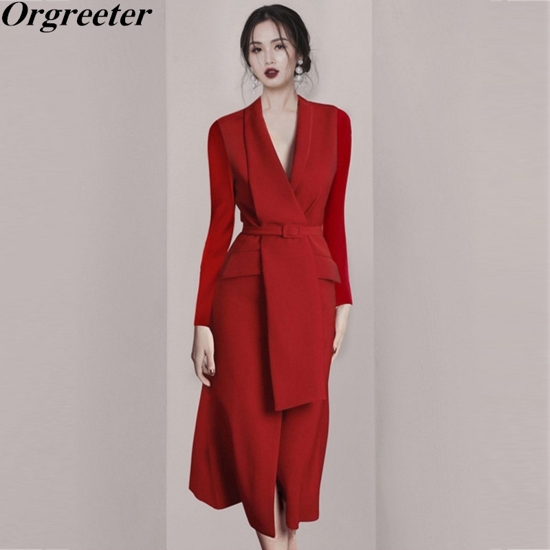 

High Quality Elegant Office lady Solid Color Notched Blazer Irregular Dresses Chic Front Slit With Belt Long Sleeve Mid Dress 210525, Sleeveless