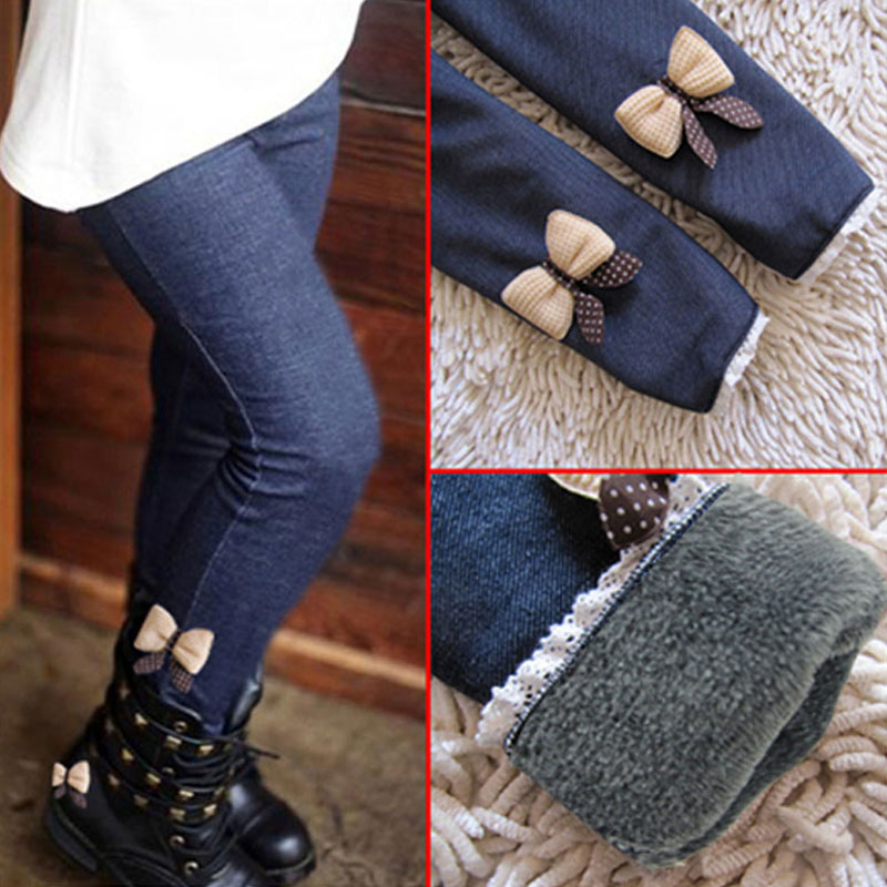 

Thick Warm Winter Spring Jean bottom Bow Girls Leggings Kids Trousers Children Icing Fall Clothes Pants, White