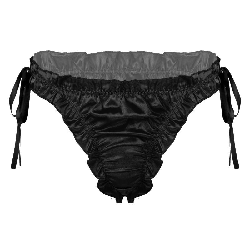 

Underpants Gay Men Underwears Sissy Panties Low Rise Ruffles Briefs Lingerie Nightwear Breathable Lace-up Pleated Trim Underwear, Black