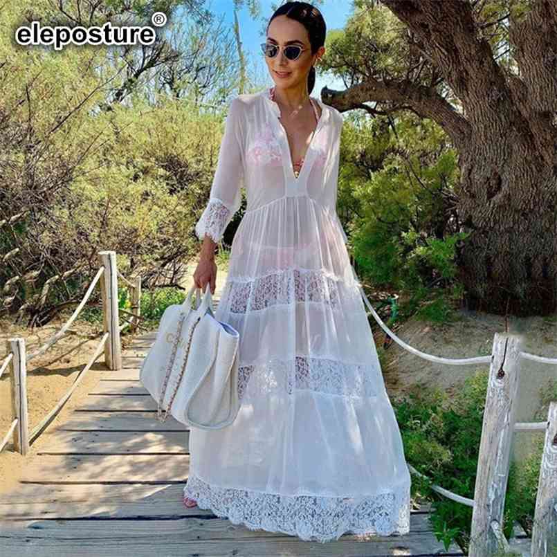 

Sexy Lace Chiffon Beach Dres Bikini Swimsuit Cover Up Long Tunics Sleeves Robe De Plage 210722, Dn0556