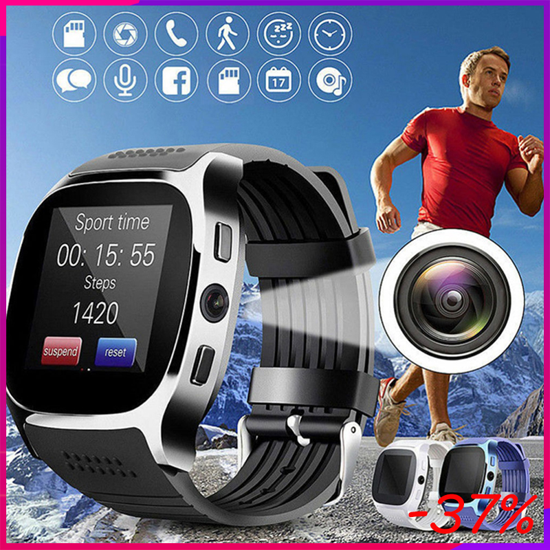

T8 Bluetooth Smart Watch Man Touch Screen With Camera port SIM Card Call Sport Positioning Tracker Smartwatch For Kids Elderg, Black