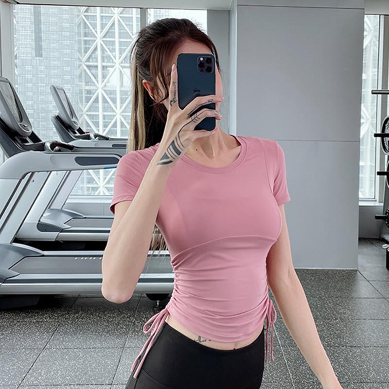 

Yoga Outfit Slim Gym Shirts Women Side Drawstring Sports Workout Short Sleeve Quick Dry Sportswear Running Fitness Training T-shirt, Blue krf21255