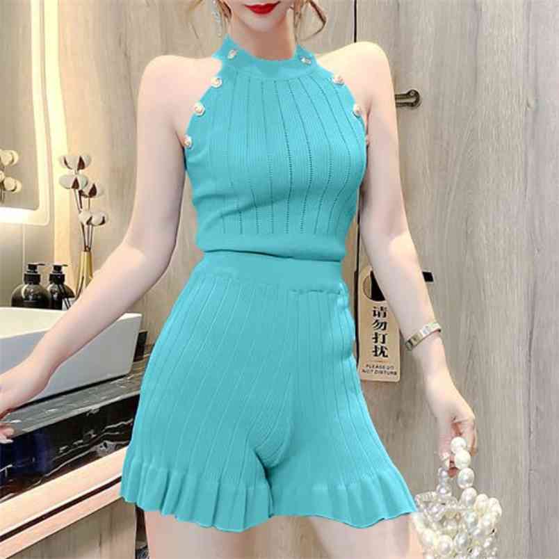 

Women Summer Knit Vest Shorts Suits Sleeveless Buttons Tops Short Pants Clothing Two-piece Set 210519, Beige