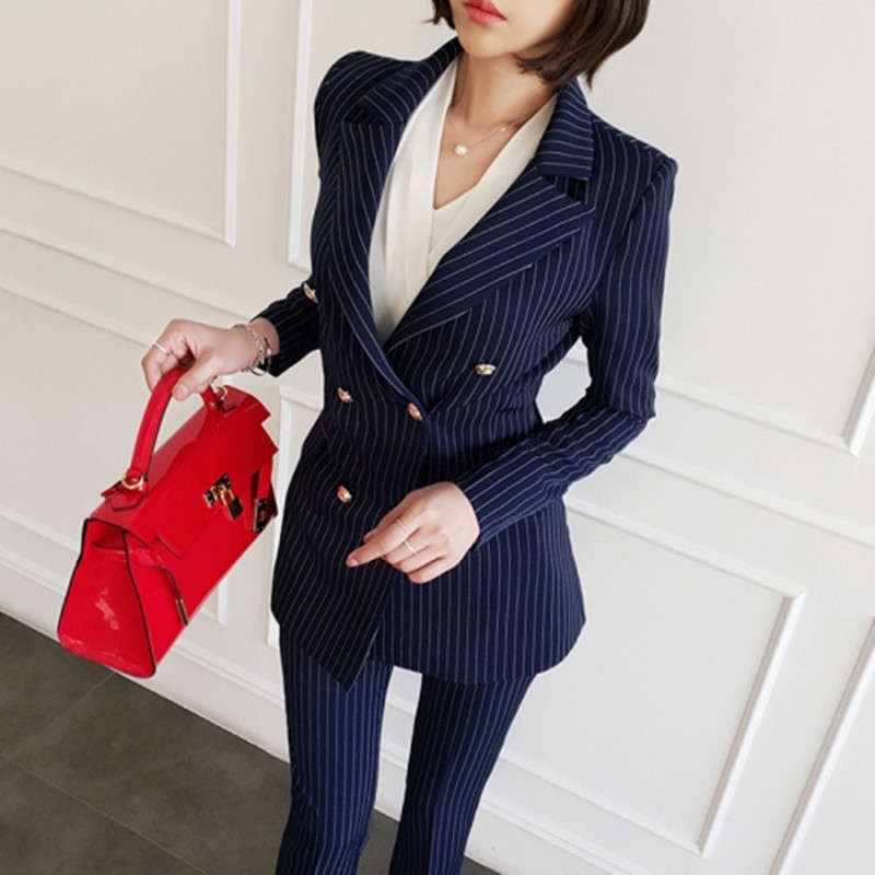 

Autumn Stripe Pant Suits Sets Formal Ladies Office OL Uniform Women elegant Business Work Wear Blazers with pants 2 piece 210525, Picture color