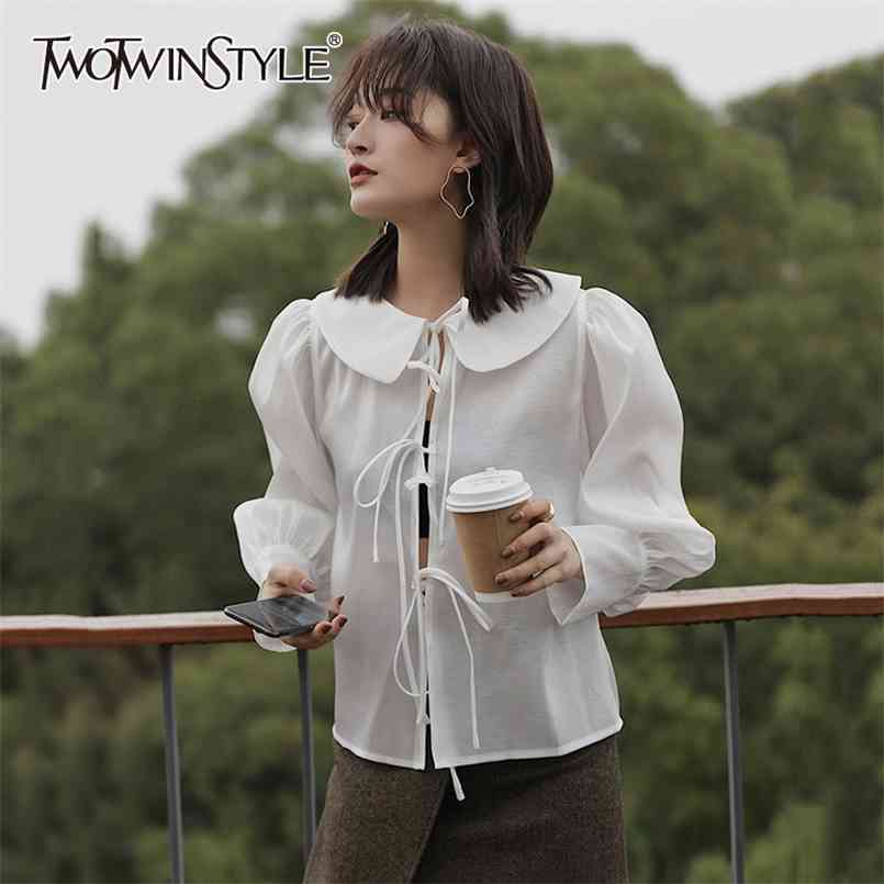 

Kawaii Sweet White Shirt For Women Lapel Collar Puff Sleeves Elegant Shirts Top Female Spring Fashion 210524
