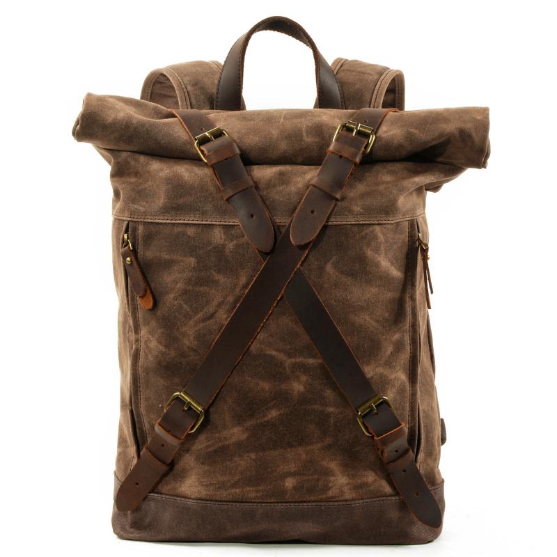 

Backpack Outdoor Travel Mountaineering Hiking Waterproof Retro Oil Wax Roll Top Canvas Leather Large Capacity Computer Bag, Black