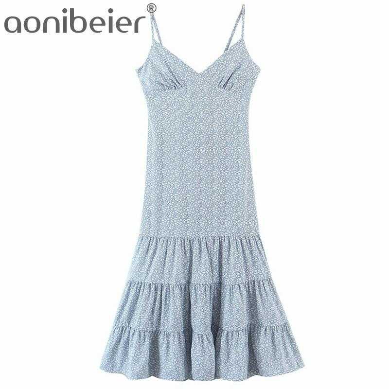 

Summer Women Floral Print Chiffon Strap Sleeveless Rear Back Hollow Out Bow Ladies Urban Fashion Midi Blue Dress 210604, Sky blue