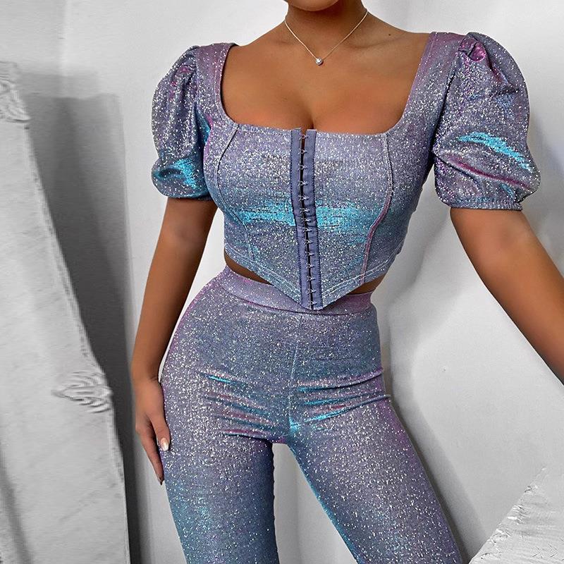 

Women' Pants & Capris Sexy Women Shining Fashion Night Club Long Wide Leg Bling Trousers Casual Bottoms High Waist Sequin, Purple