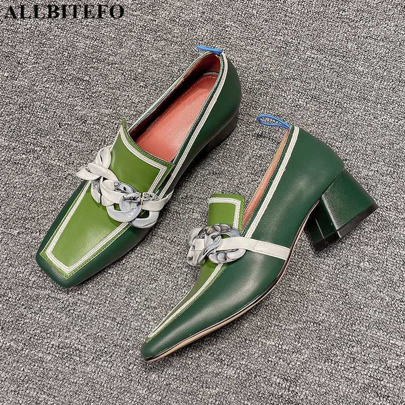 

ALLBITEFO Chain Design Square Toe Soft Genuine Leather Women High Heels Shoes Comfortable Fashion Women Heels Shoes High Heels 210611, As picture