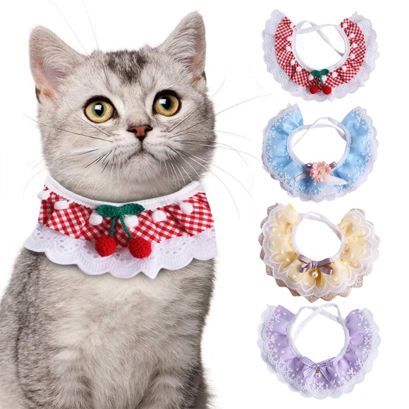 

Cat Collars & Leads Cute Princess Collar Pet Necklace Neck Decoration Kitty Cats Accessaries Lace Bib Saliva Towel Lattice D30
