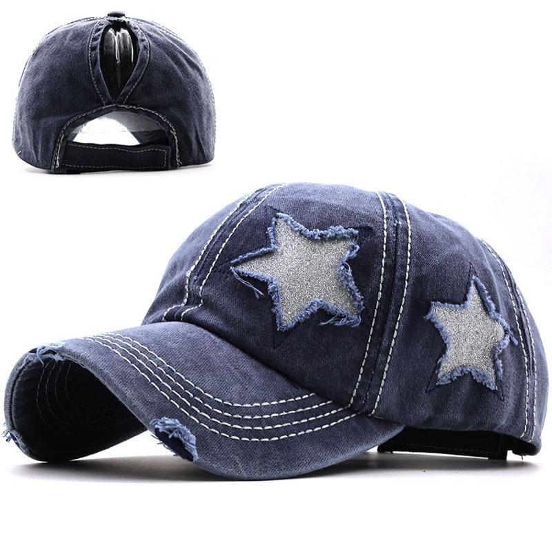 

Outdoor Sport Ponytail Hats Sequin Pentagram Ball Caps Washed Hole Net Hat Classics Women Adjustable Headgear Colourful 1614 T2, As show