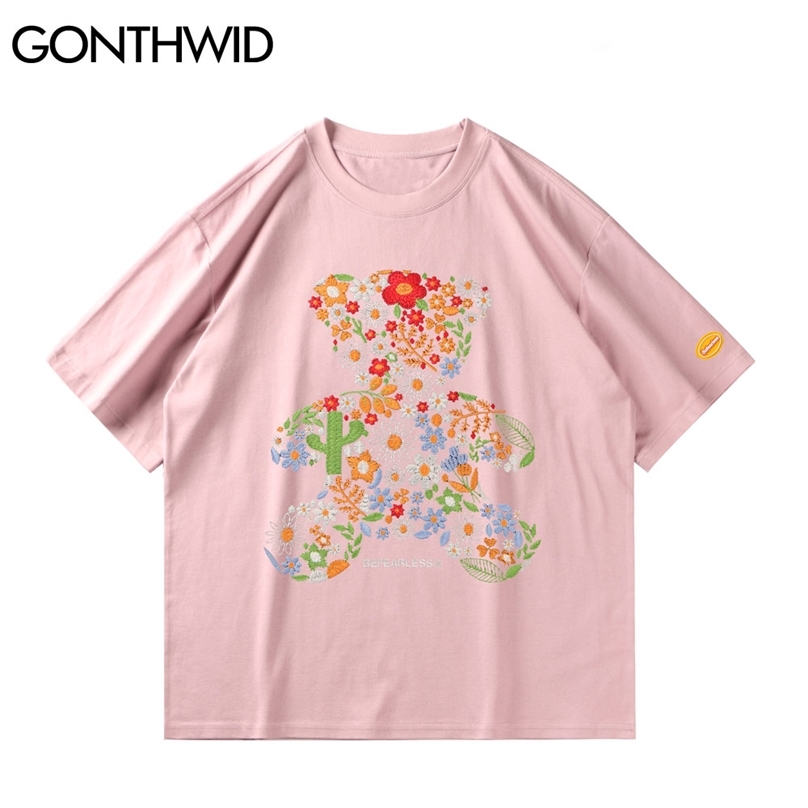 

Tees Tops Harajuku Casual Hip Hop Flowers Bear Print Tshirts Fashion Men Cotton Streetwear Loose Short Sleeve T-Shirts 210602, White