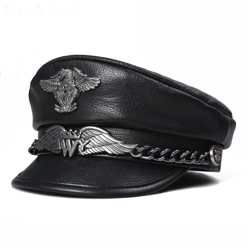 

Wide Brim Hats Exclusive German Military Cap Man Genuine Leather Flat Top Hat Korean Fashion Eagle Mark Chain Punk Locomotive Casquette Male, Style 2