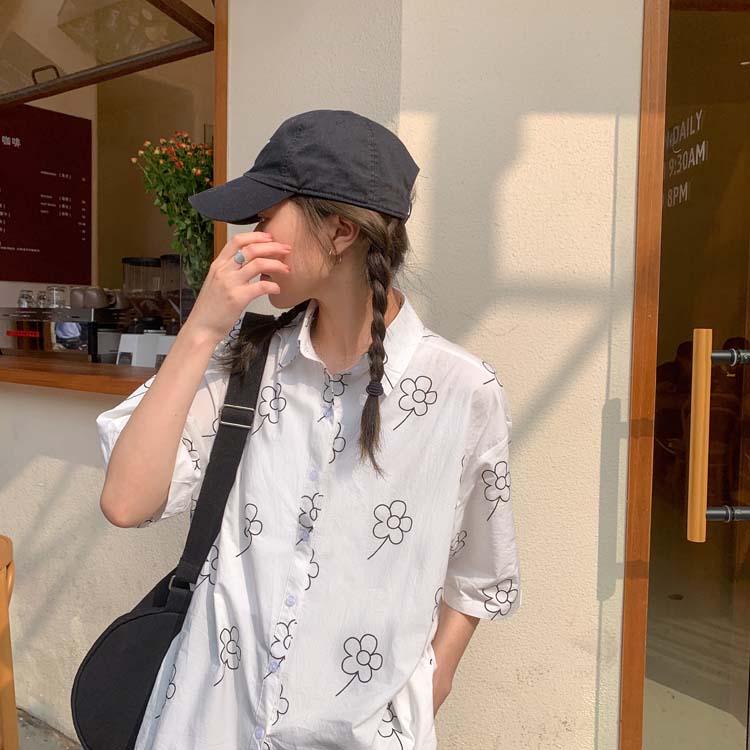 

femme womens crop tops 2021 summer korean style floral print short sleeve cotton shirt women white blouses (F3997)